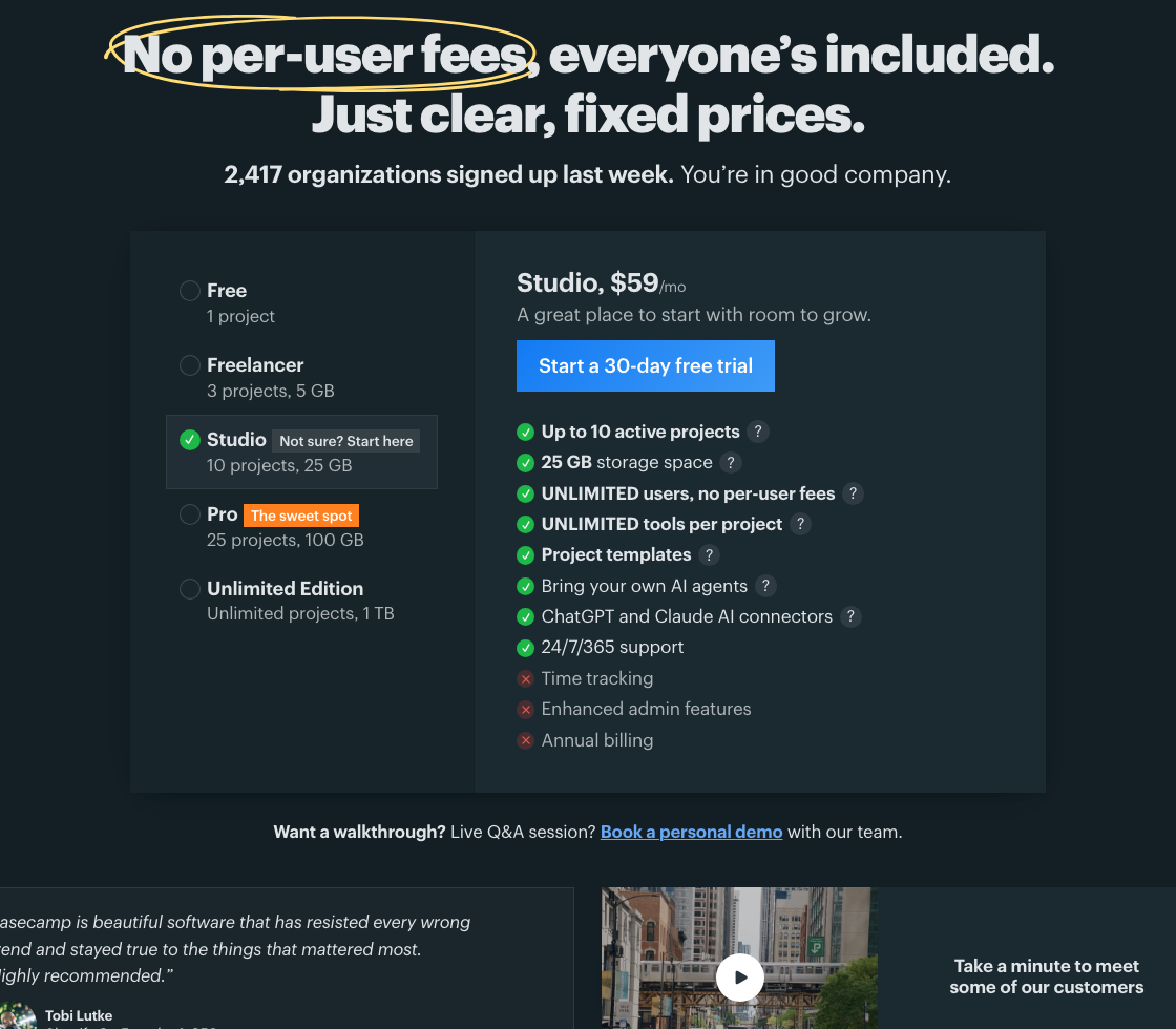 Basecamp pricing page with the plan list on the left and the selected Studio plan on the right.