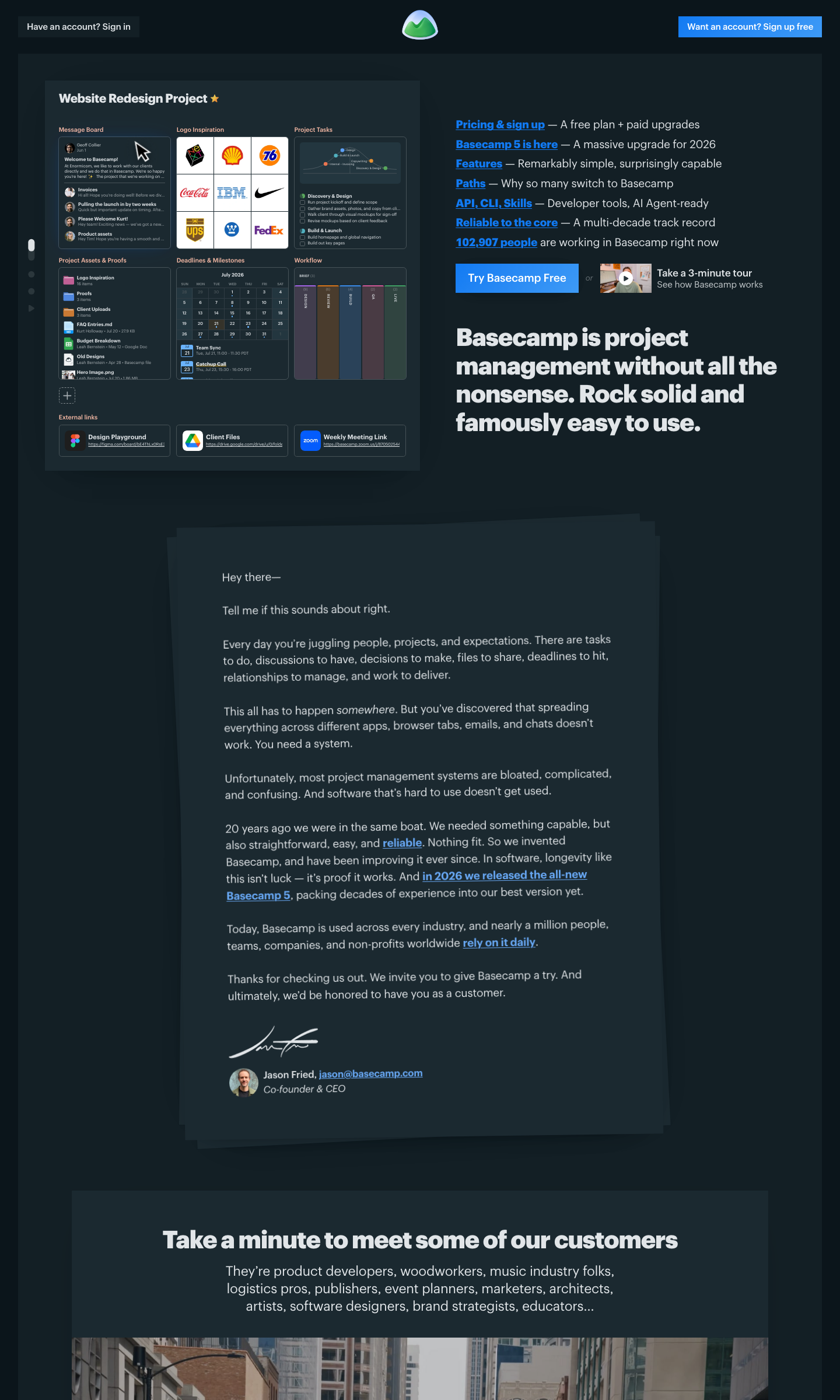 The Basecamp homepage on a desktop: the sample Website Redesign Project beside seven destination links and the product promise, then the founder's letter.