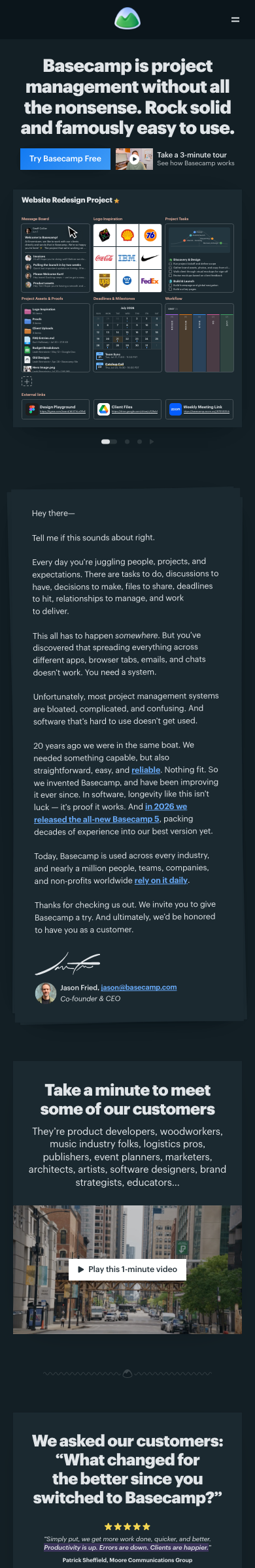 The Basecamp homepage on a phone: the product promise, the Try Basecamp Free button, the shrunk sample project, then the founder's letter.